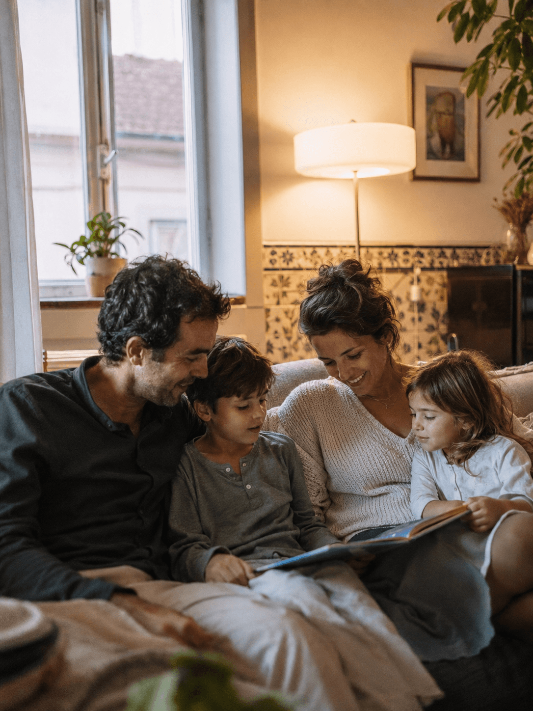 Uma noite em família, a ler juntos no sofá