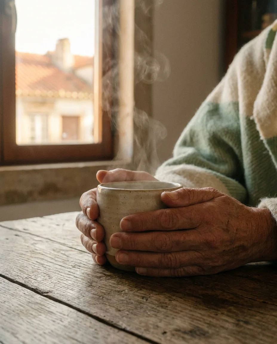 Mãos a segurar uma caneca quente, à janela de casa